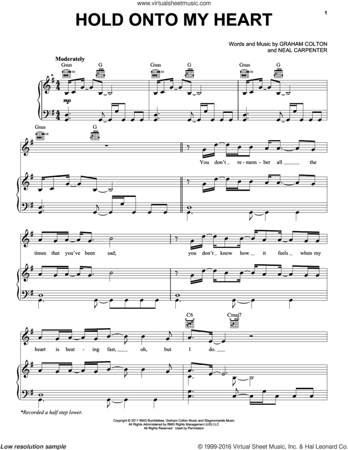 Hold Onto My Heart sheet music for voice, piano or guitar by Graham Colton and Neal Carpenter, intermediate skill level