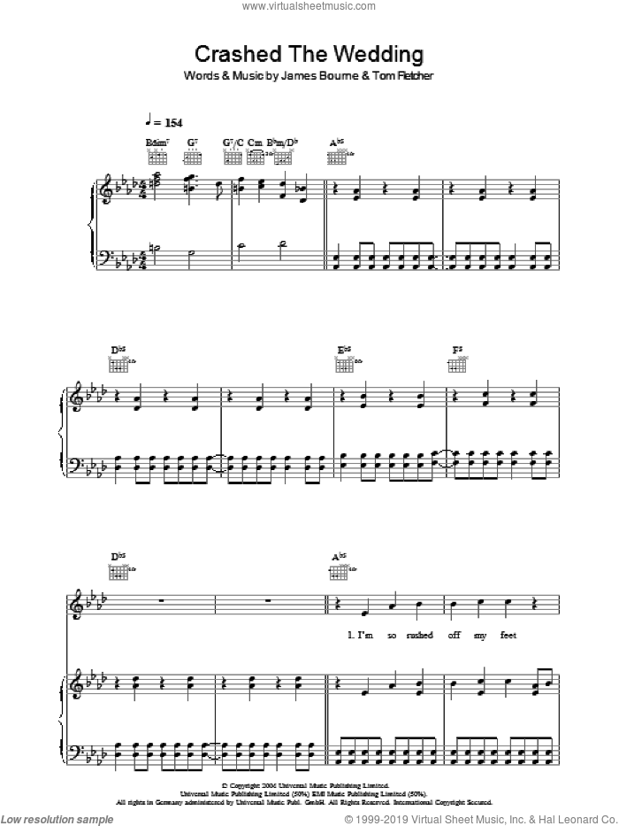 Crashed The Wedding sheet music for voice, piano or guitar by Busted, James Bourne and Thomas Fletcher, intermediate skill level
