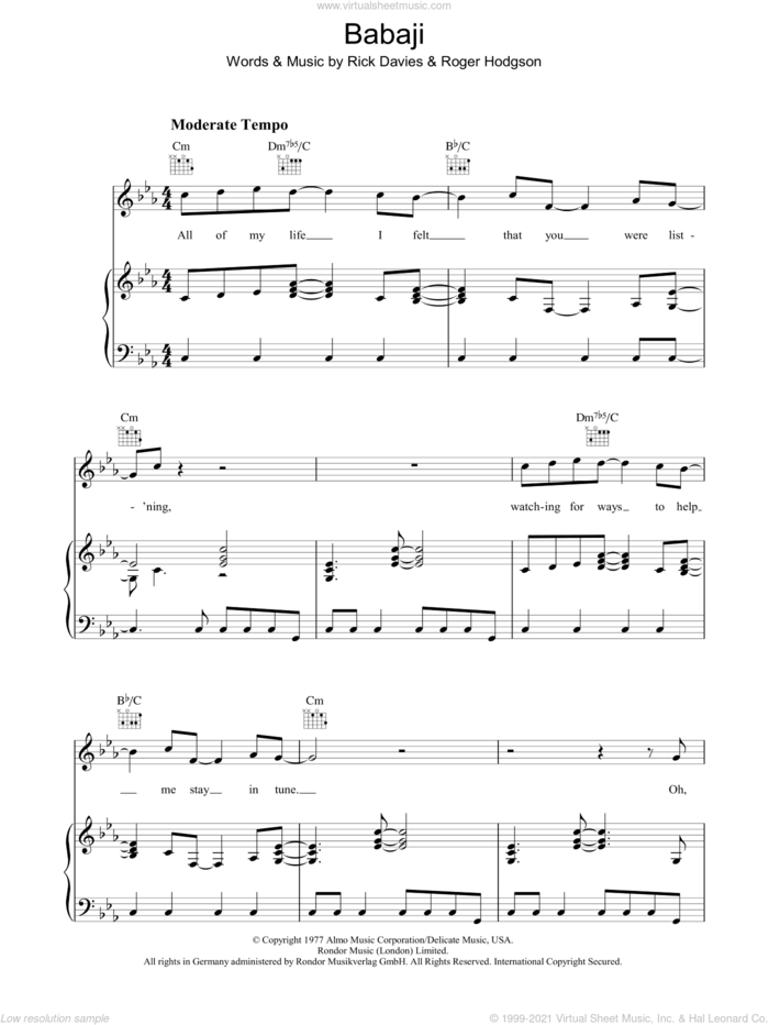 Babaji sheet music for voice, piano or guitar by Supertramp, Rick Davies and Roger Hodgson, intermediate skill level