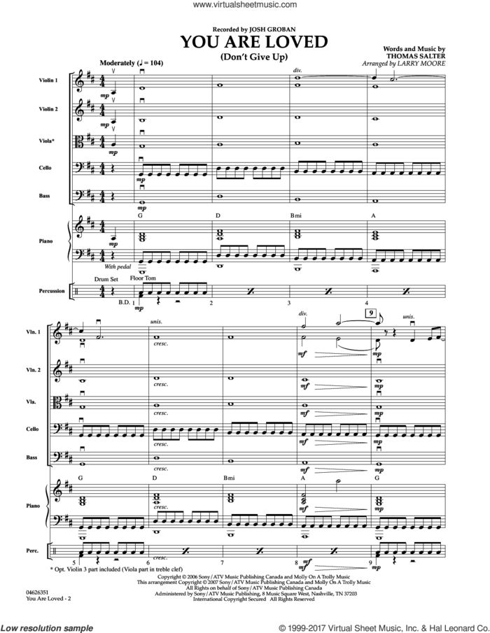 You Are Loved (Don't Give Up) (COMPLETE) sheet music for orchestra by Josh Groban, Larry Moore and Thomas Salter, wedding score, intermediate skill level