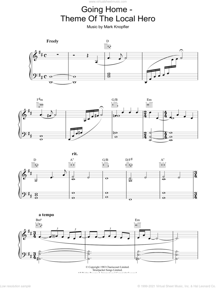 Going Home (theme from Local Hero) sheet music for piano solo by Mark Knopfler, intermediate skill level