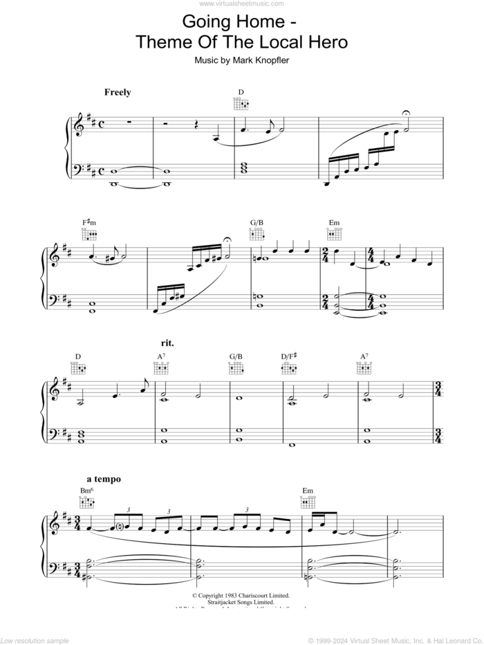 Going Home (theme from Local Hero) sheet music for piano solo by Mark Knopfler, intermediate skill level