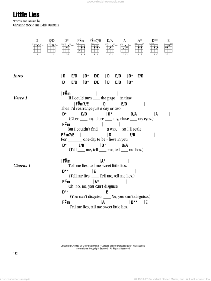 Little Lies sheet music for guitar (chords) by Fleetwood Mac, Christine McVie and Eddy Quintela, intermediate skill level