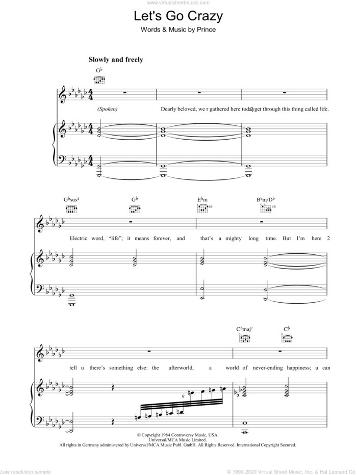 Let's Go Crazy sheet music for voice, piano or guitar by Prince and Prince & The Revolution, intermediate skill level