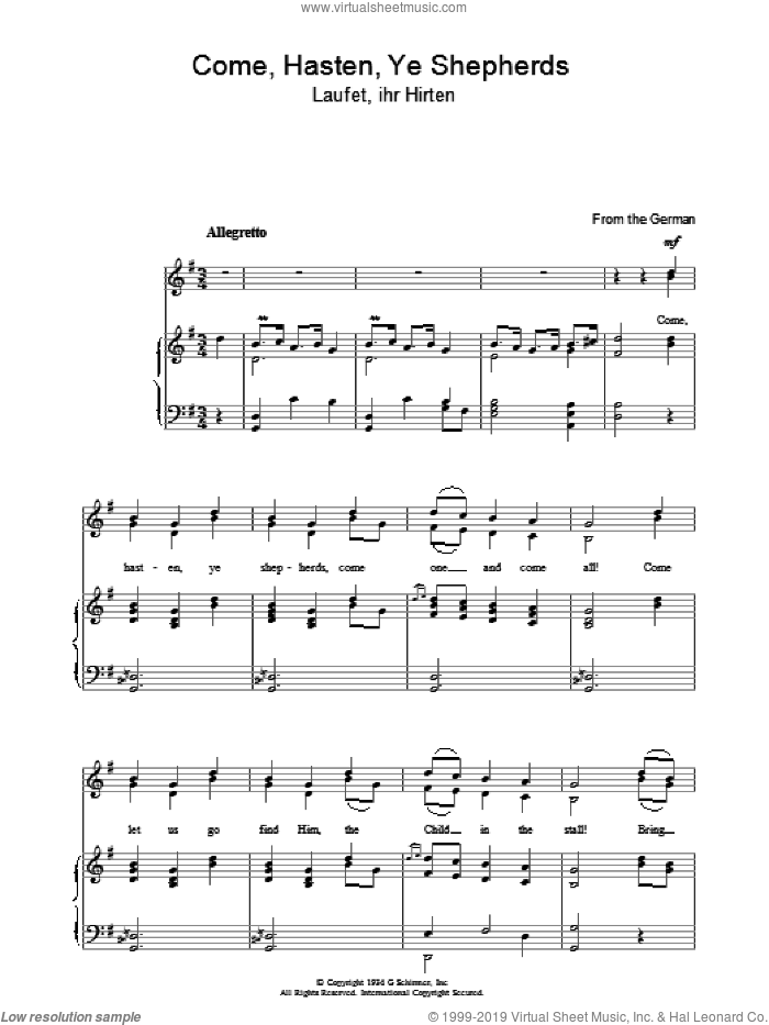 Come Hasten Ye Shepherds sheet music for voice, piano or guitar, intermediate skill level