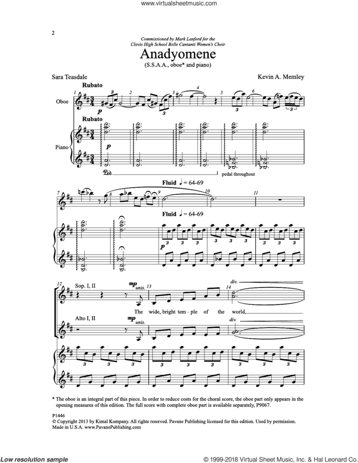Anadyomene (of Supplication) sheet music for choir (SSAA: soprano, alto) by Kevin A. Memley and Sara Teasdale, intermediate skill level