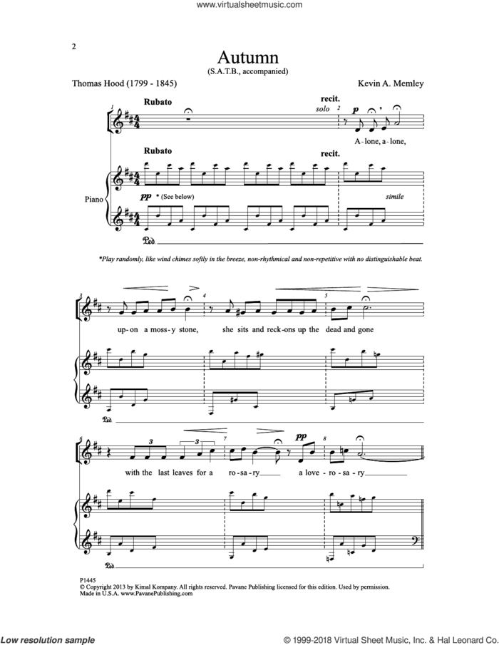 Autumn sheet music for choir (SATB: soprano, alto, tenor, bass) by Kevin A. Memley and Thomas Hood, intermediate skill level