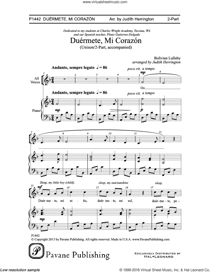 Duermete, Mi Corazon sheet music for choir (2-Part) by Judith Herrington, intermediate duet