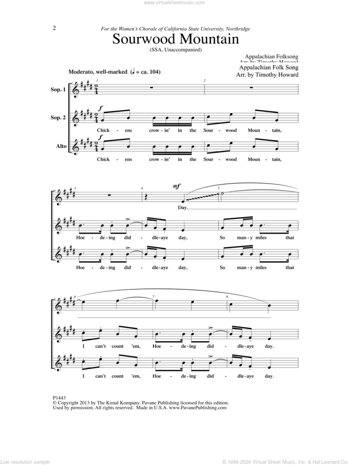 Sourwood Mountain sheet music for choir (SSA: soprano, alto) by Timothy Howard, intermediate skill level