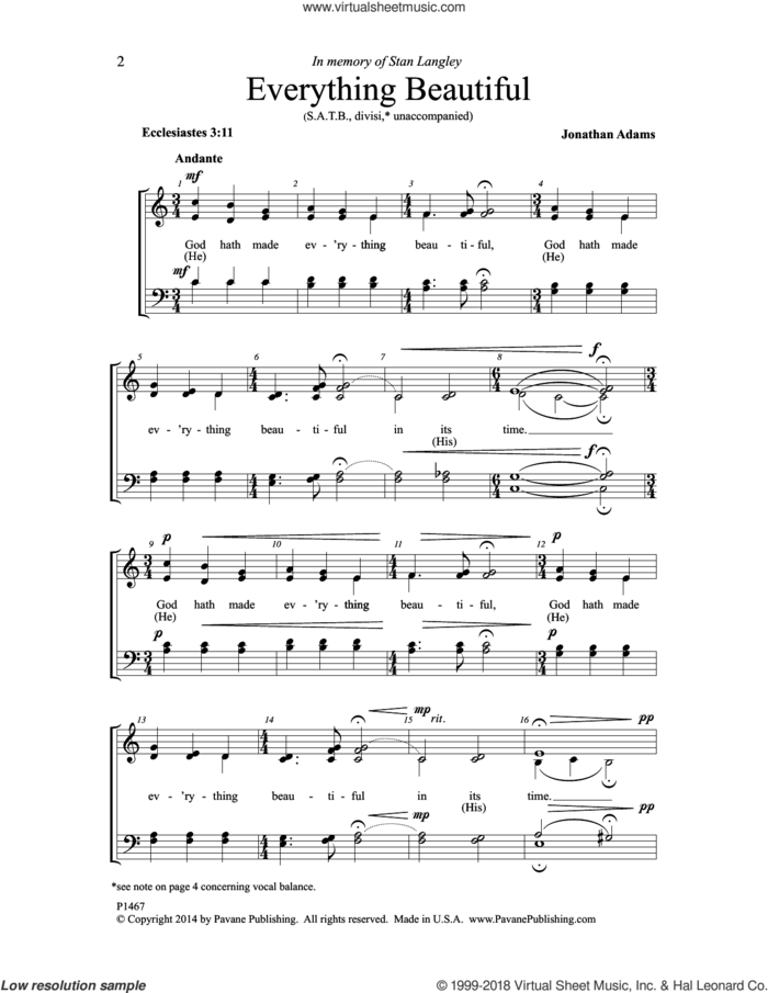 Everything Beautiful sheet music for choir (SATB: soprano, alto, tenor, bass) by Jonathan Adams, intermediate skill level