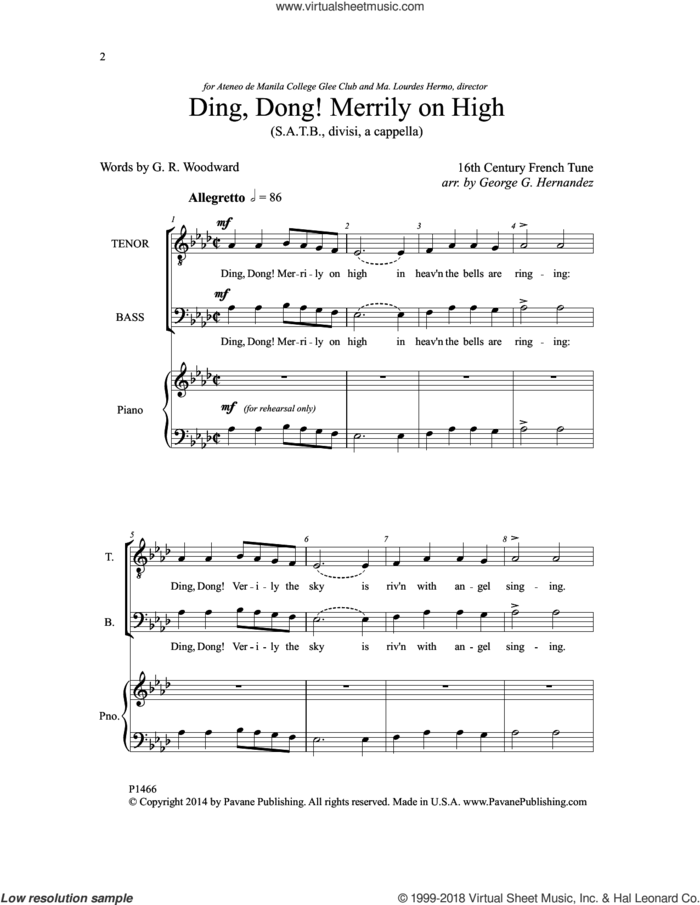 Ding, Dong! Merrily On High sheet music for choir (SATB: soprano, alto, tenor, bass) by George G. Hernandez, intermediate skill level