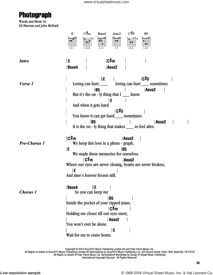 Photograph sheet music for guitar (chords) by Ed Sheeran and John McDaid, intermediate skill level