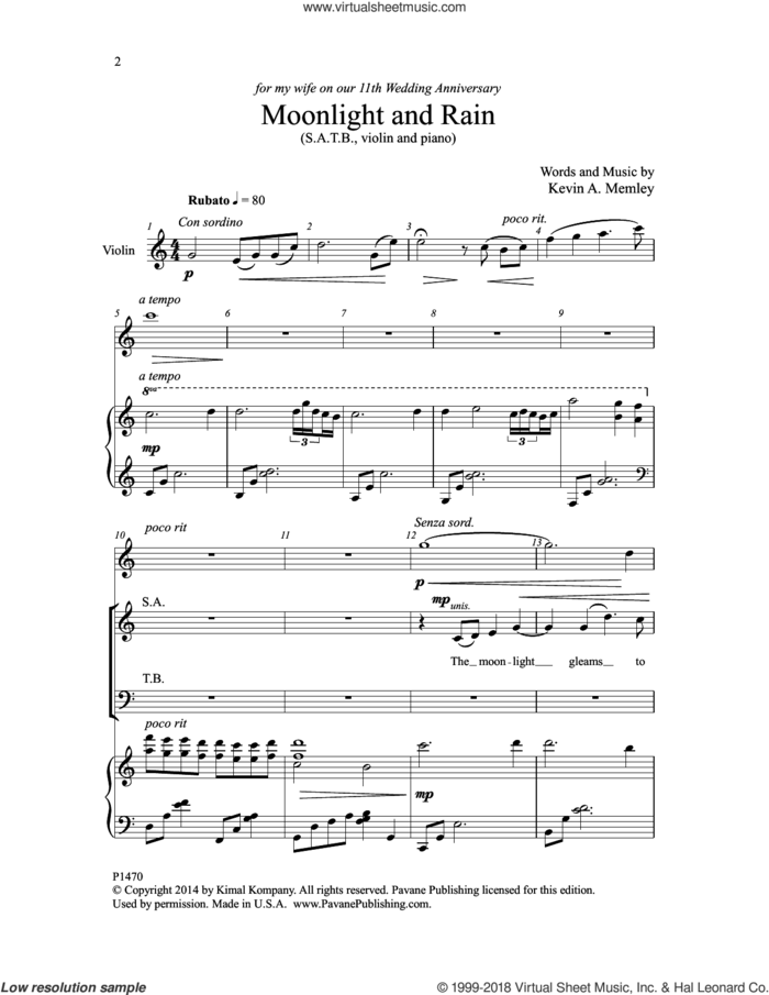 Moonlight and Rain sheet music for choir (SATB: soprano, alto, tenor, bass) by Kevin A. Memley, intermediate skill level