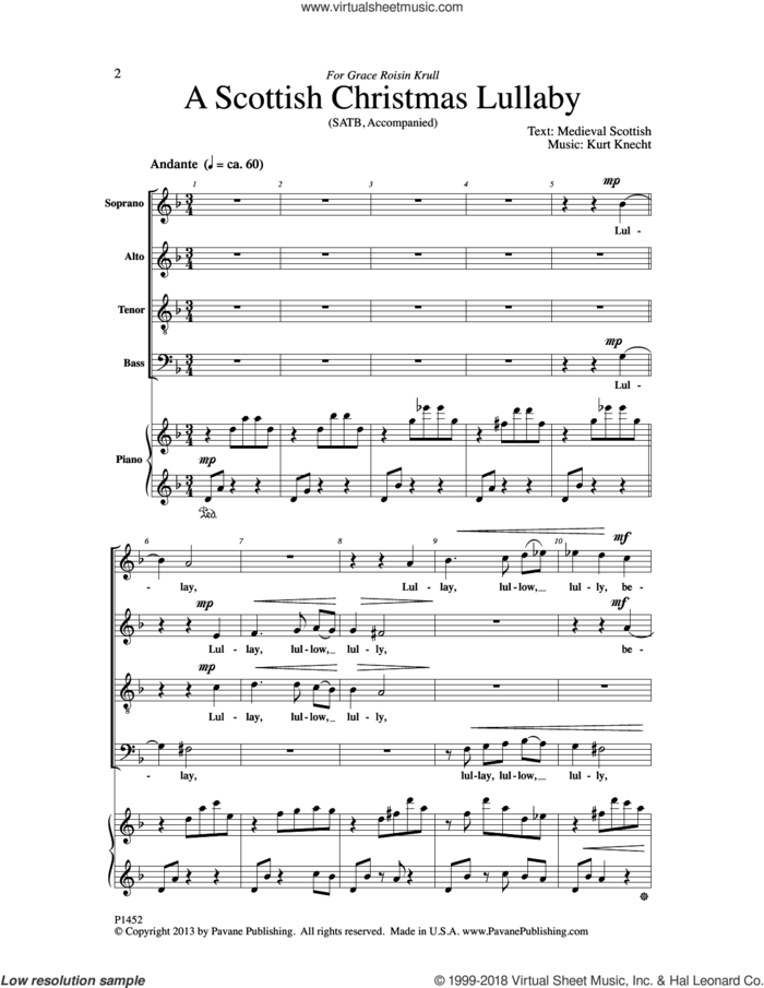 A Scottish Christmas Lullaby sheet music for choir (SATB: soprano, alto, tenor, bass) by Kurt Knecht, intermediate skill level
