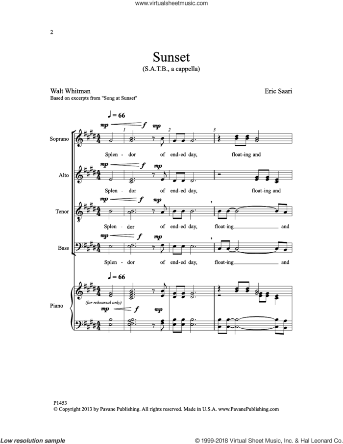 Sunset sheet music for choir (SATB: soprano, alto, tenor, bass) by Eric Saari and Walt Whitman, intermediate skill level