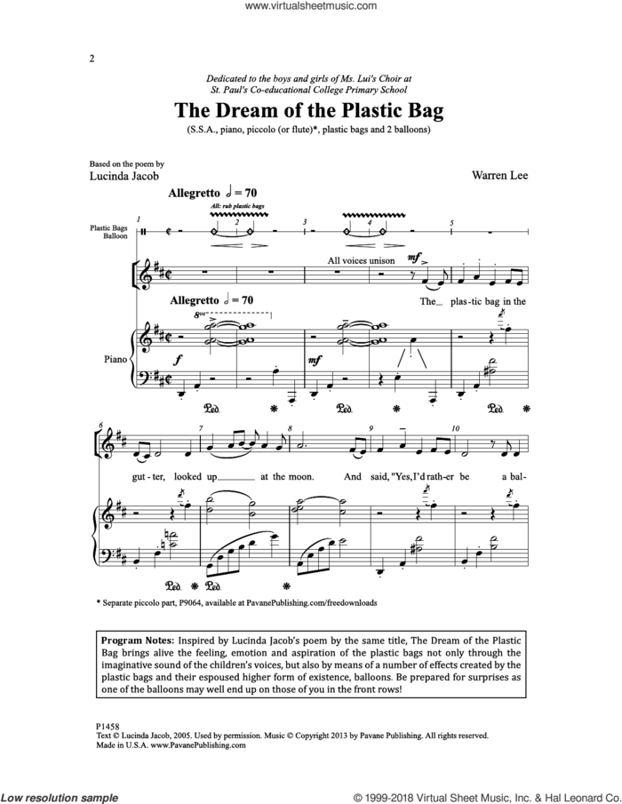 The Dream of the Plastic Bag sheet music for choir (SSA: soprano, alto) by Lucinda Jacob and Warren Lee, intermediate skill level