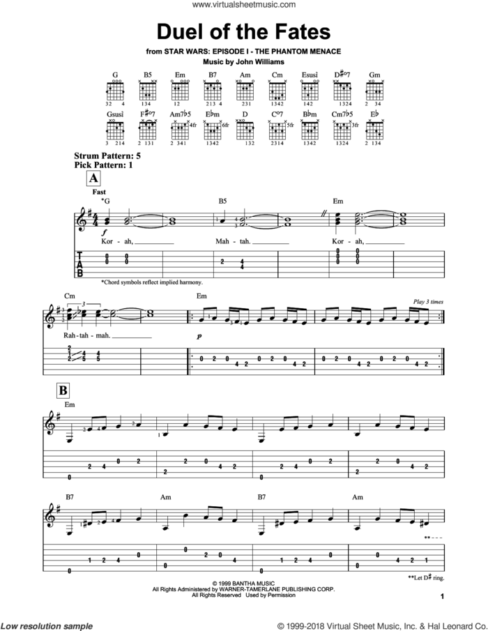 Duel Of The Fates (from Star Wars: The Phantom Menace) sheet music for guitar solo (easy tablature) by John Williams, easy guitar (easy tablature)