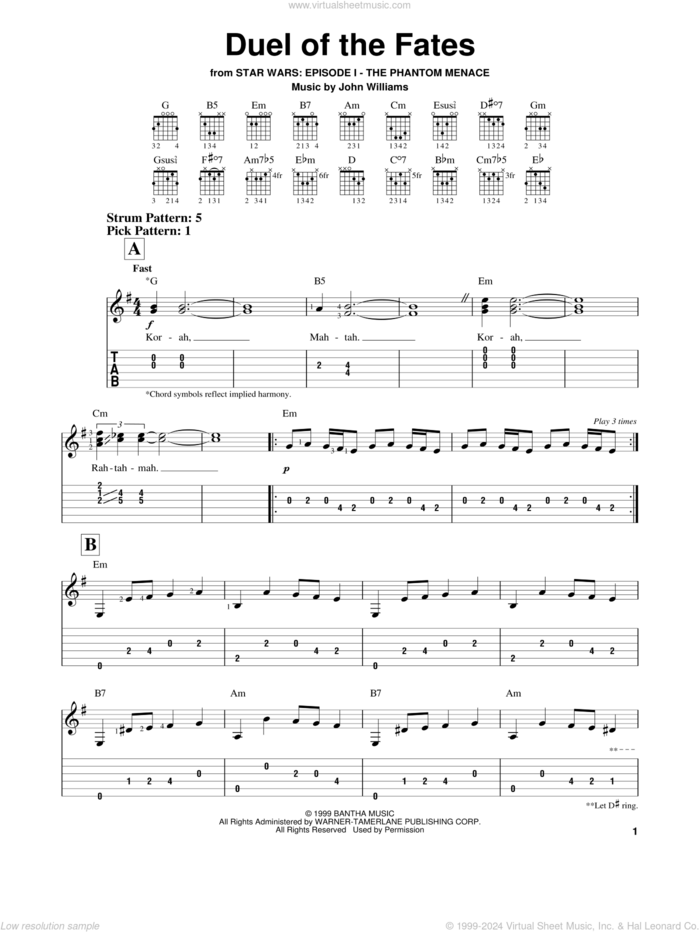 Duel Of The Fates (from Star Wars: The Phantom Menace) sheet music for guitar solo (easy tablature) by John Williams, easy guitar (easy tablature)