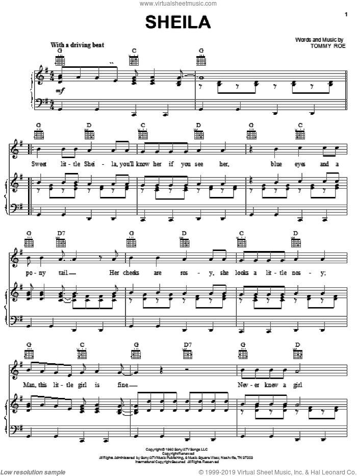 Sheila sheet music for voice, piano or guitar by Tommy Roe, intermediate skill level
