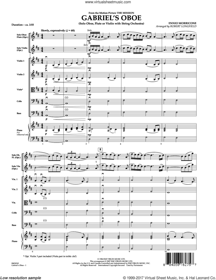 Gabriel's Oboe (from The Mission) (COMPLETE) sheet music for orchestra by Robert Longfield and Ennio Morricone, classical score, intermediate skill level
