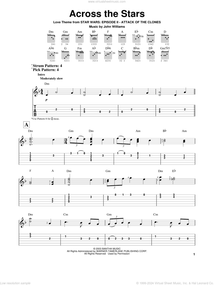 Across The Stars (from Star Wars: Attack of the Clones) sheet music for guitar solo (easy tablature) by John Williams, easy guitar (easy tablature)