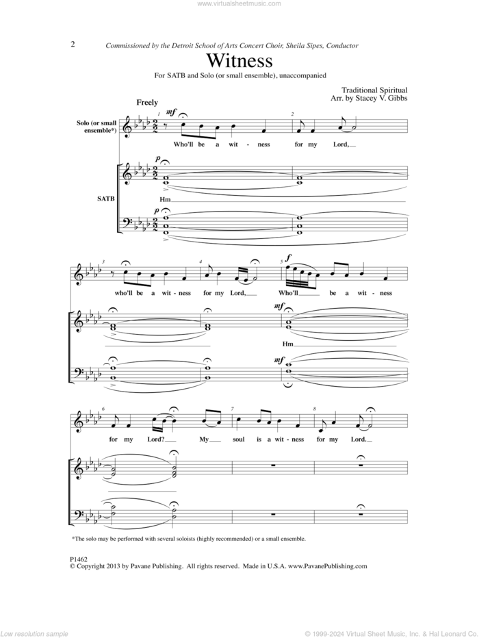 Witness sheet music for choir (SATB: soprano, alto, tenor, bass) by Stacey V. Gibbs, intermediate skill level