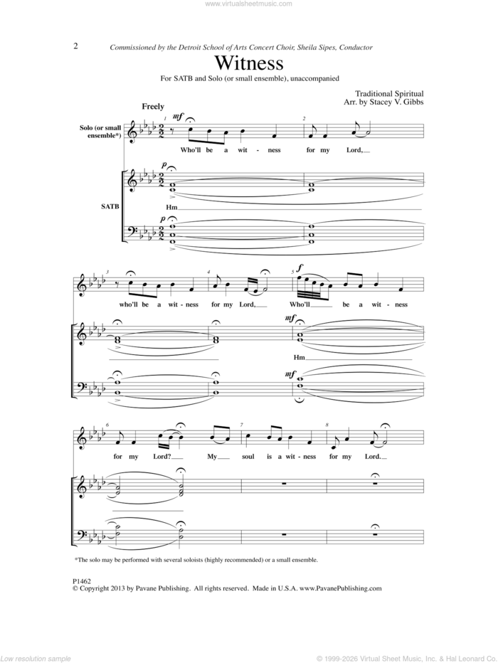 Witness sheet music for choir (SATB: soprano, alto, tenor, bass) by Stacey V. Gibbs, intermediate skill level