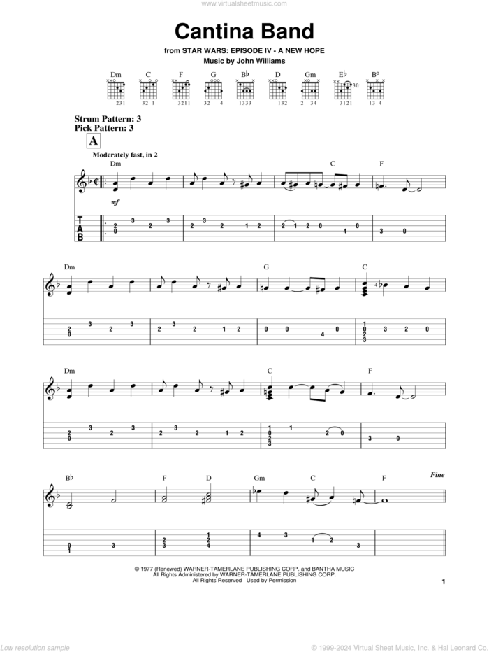 Cantina Band (from Star Wars: A New Hope) sheet music for guitar solo (easy tablature) by John Williams, easy guitar (easy tablature)