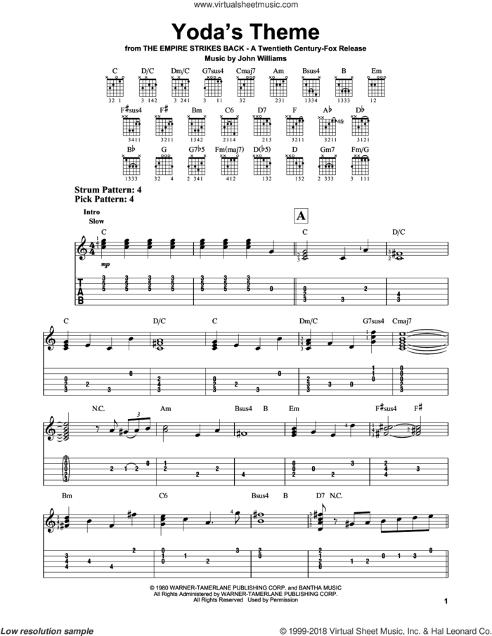 Yoda's Theme (from Star Wars: The Empire Strikes Back) sheet music for guitar solo (easy tablature) by John Williams, easy guitar (easy tablature)
