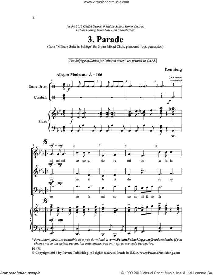 Parade sheet music for choir (3-Part Mixed) by Ken Berg, intermediate skill level
