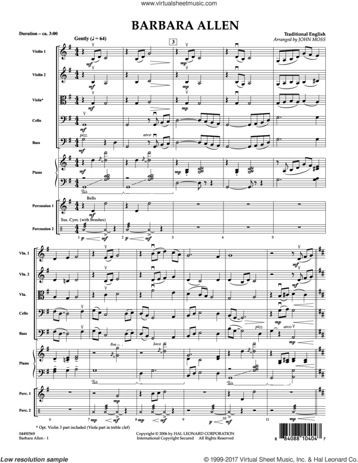 Barbara Allen (COMPLETE) sheet music for orchestra by John Moss, intermediate skill level