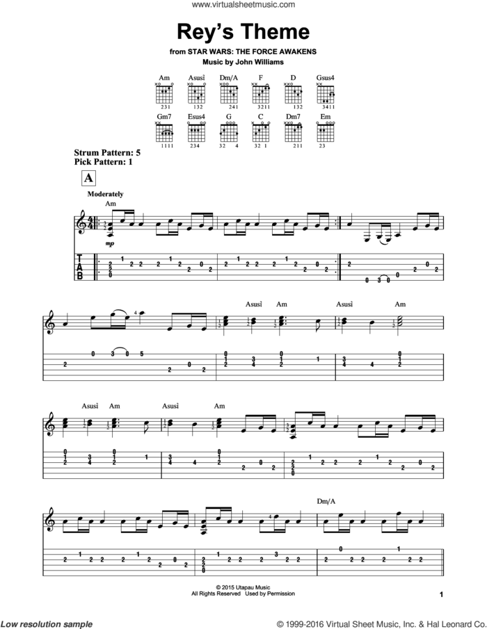 Rey's Theme sheet music for guitar solo (easy tablature) by John Williams, easy guitar (easy tablature)