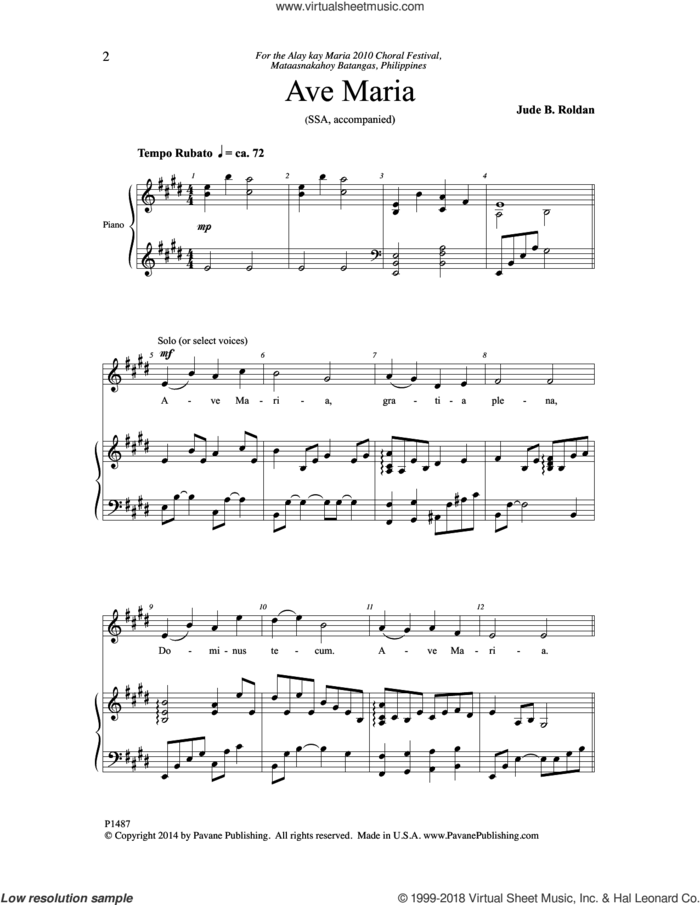 Ave Maria sheet music for choir (SSA: soprano, alto) by Jude B. Roldan, intermediate skill level