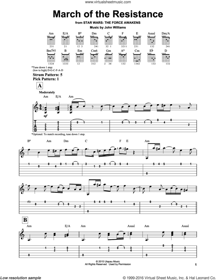 March Of The Resistance sheet music for guitar solo (easy tablature) by John Williams, easy guitar (easy tablature)