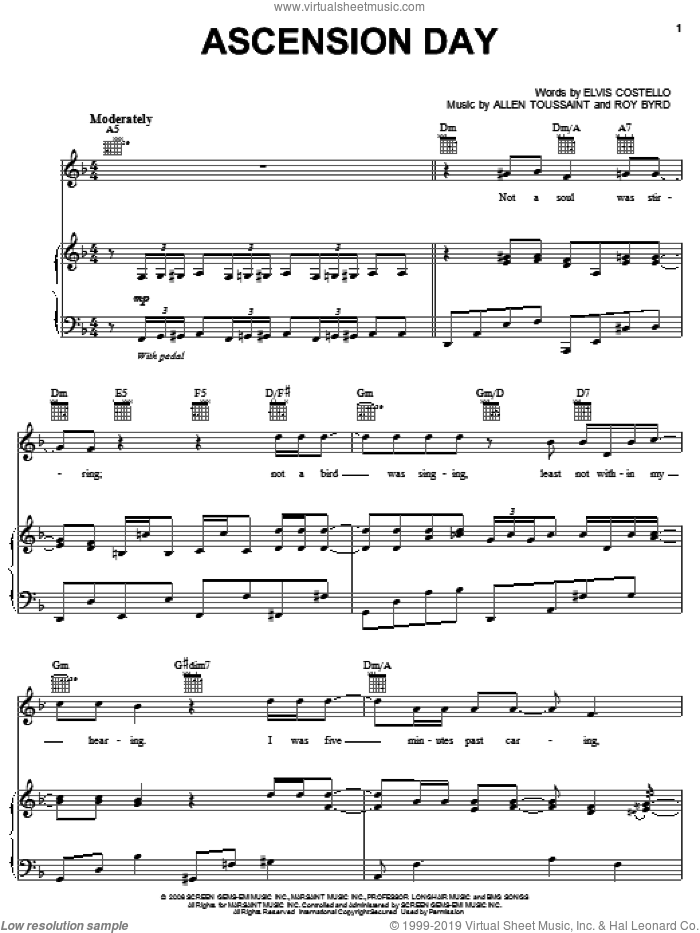 Ascension Day sheet music for voice, piano or guitar by Elvis Costello & Allen Toussaint, Allen Toussaint, Elvis Costello and Roy Byrd, intermediate skill level