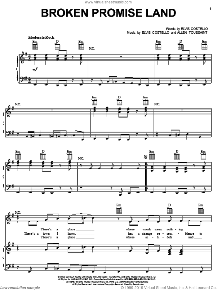 Broken Promise Land sheet music for voice, piano or guitar by Elvis Costello & Allen Toussaint, Allen Toussaint and Elvis Costello, intermediate skill level