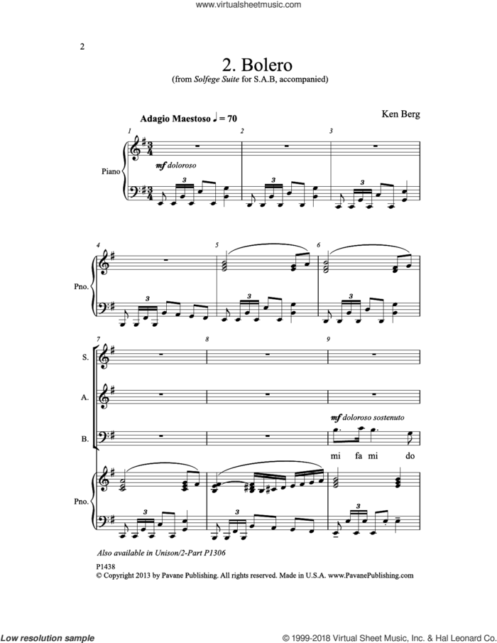 Bolero sheet music for choir (SAB: soprano, alto, bass) by Ken Berg, intermediate skill level