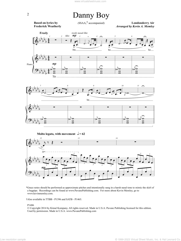 Danny Boy (arr. Kevin A. Memley) sheet music for choir (SSAA: soprano, alto) by Frederick Weatherly and Kevin A. Memley, intermediate skill level