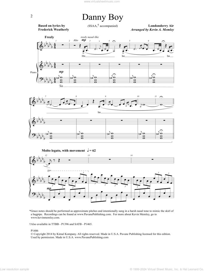 Danny Boy (arr. Kevin A. Memley) sheet music for choir (SSAA: soprano, alto) by Frederick Weatherly and Kevin A. Memley, intermediate skill level