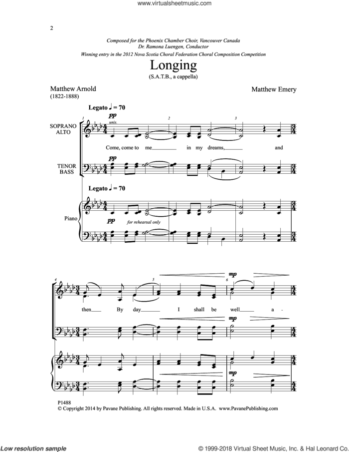 Longing sheet music for choir (SATB: soprano, alto, tenor, bass) by Matthew Emery and Matthew Arnold, intermediate skill level