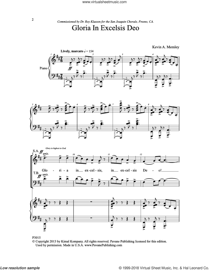 Gloria in Excelsis Deo sheet music for choir (SATB: soprano, alto, tenor, bass) by Kevin A. Memley, intermediate skill level