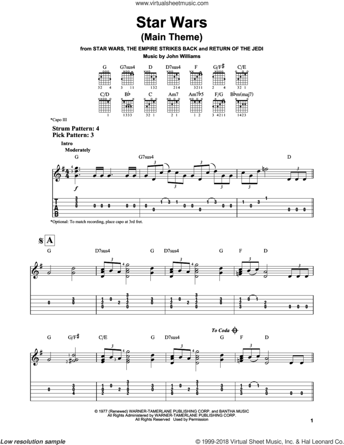 Star Wars (Main Theme) sheet music for guitar solo (easy tablature) by John Williams, easy guitar (easy tablature)