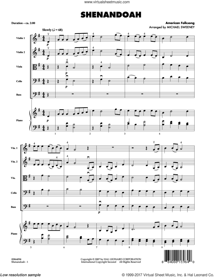 Shenandoah (COMPLETE) sheet music for orchestra by Michael Sweeney and American Folksong, intermediate skill level
