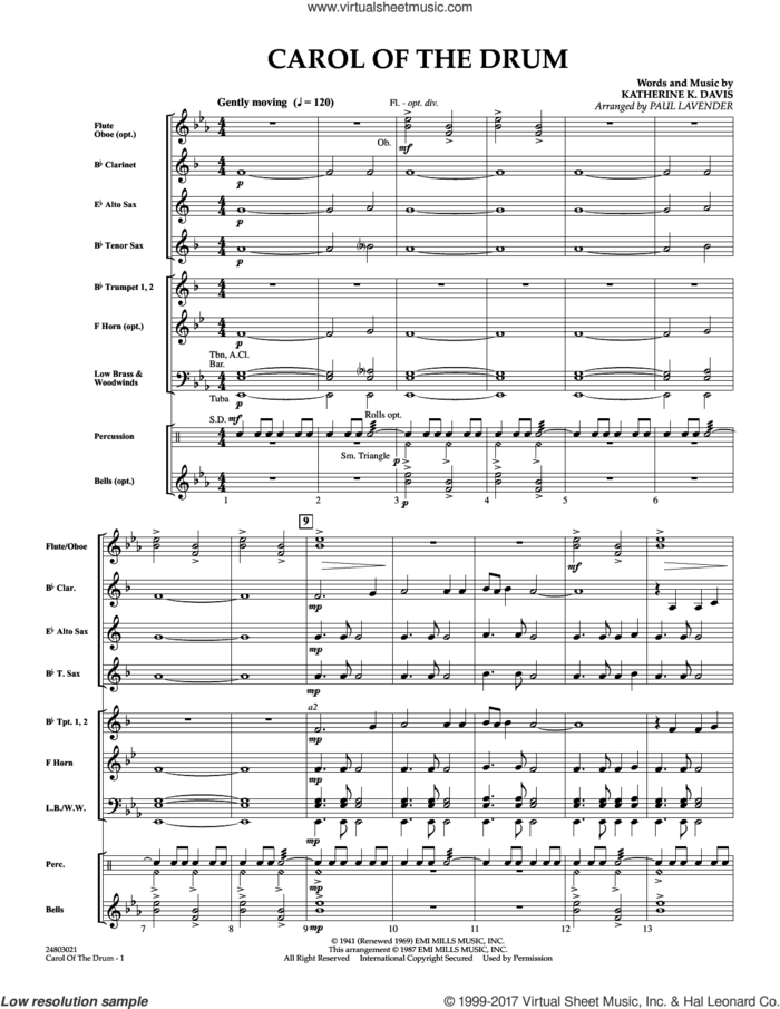Carol of the Drum (COMPLETE) sheet music for concert band by Paul Lavender and Katherine Davis, intermediate skill level