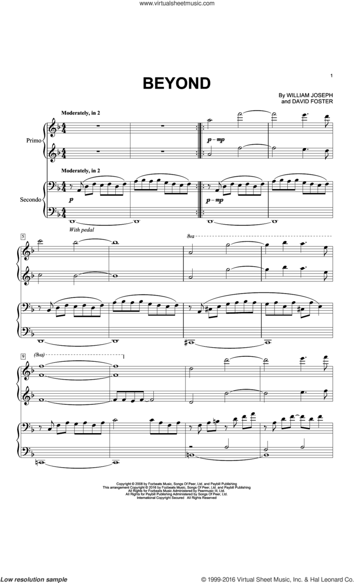 Beyond sheet music for piano four hands by William Joseph and David Foster, intermediate skill level