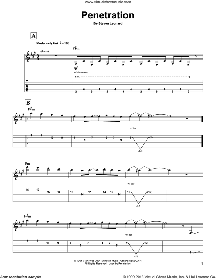 Penetration sheet music for guitar (tablature, play-along) by The Ventures and Steven Leonard, intermediate skill level