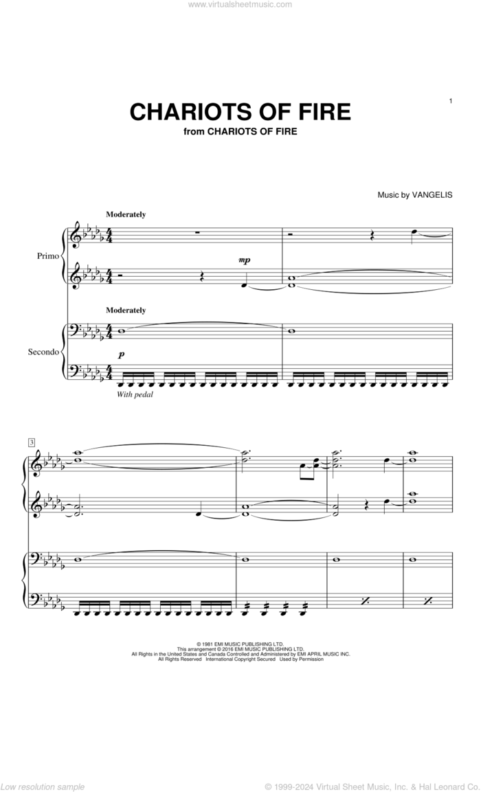 Chariots Of Fire sheet music for piano four hands by Vangelis, intermediate skill level