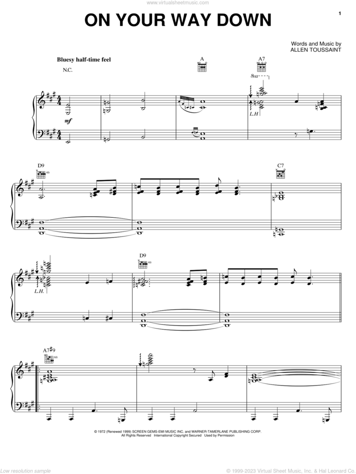On Your Way Down sheet music for voice, piano or guitar by Elvis Costello & Allen Toussaint, Elvis Costello and Allen Toussaint, intermediate skill level