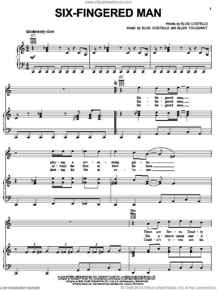 Six-Fingered Man sheet music for voice, piano or guitar by Elvis Costello & Allen Toussaint, Allen Toussaint and Elvis Costello, intermediate skill level