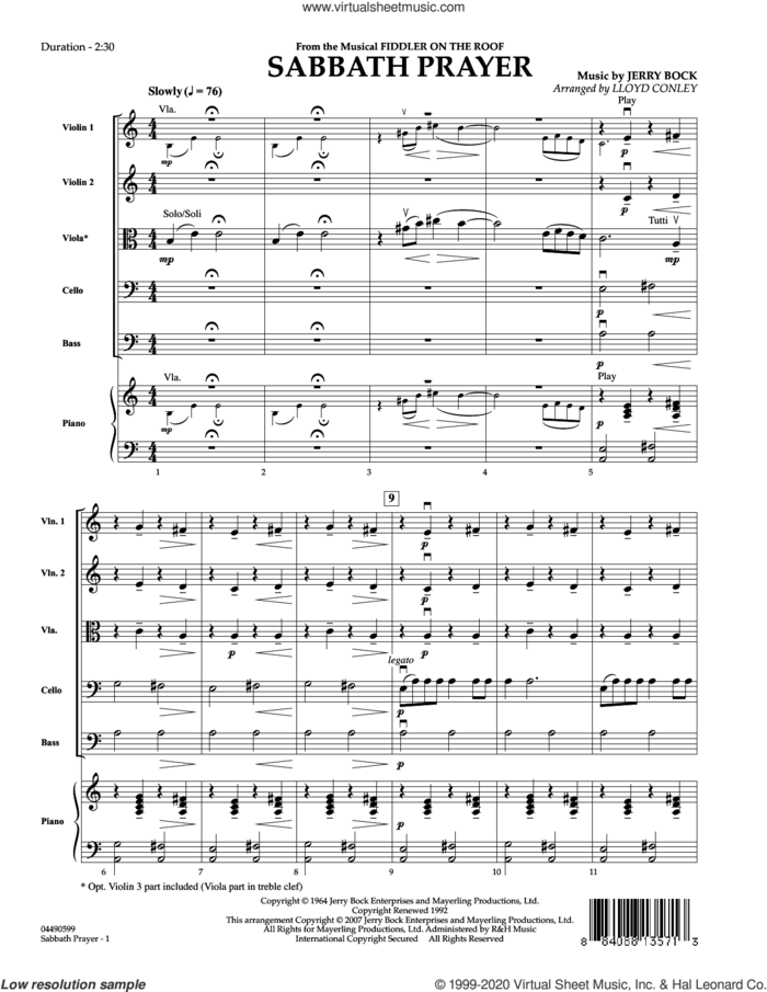 Sabbath Prayer (COMPLETE) sheet music for orchestra by Jerry Bock, Lloyd Conley and Sheldon Harnick, intermediate skill level